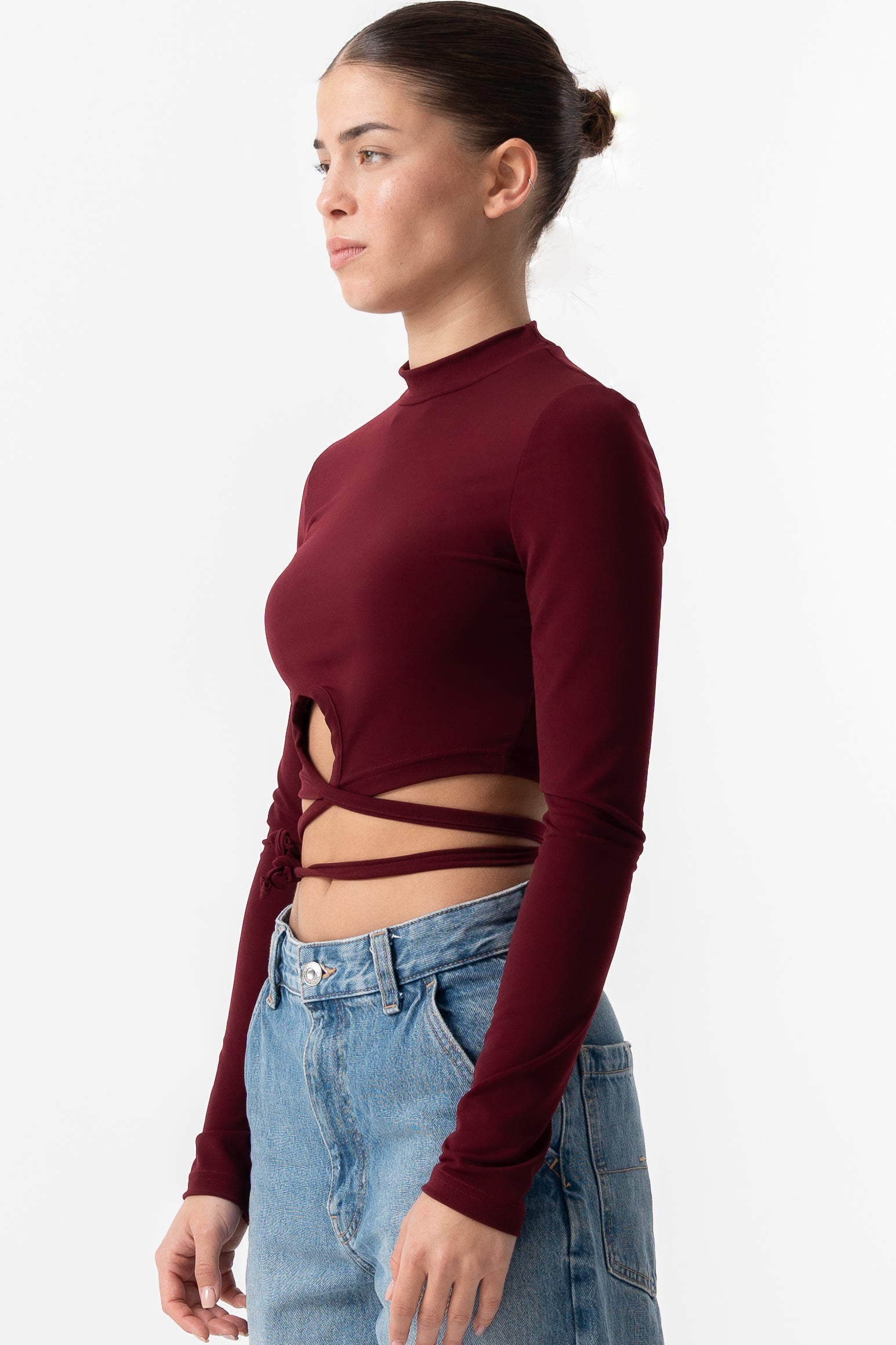 Burgundy lace up crop top