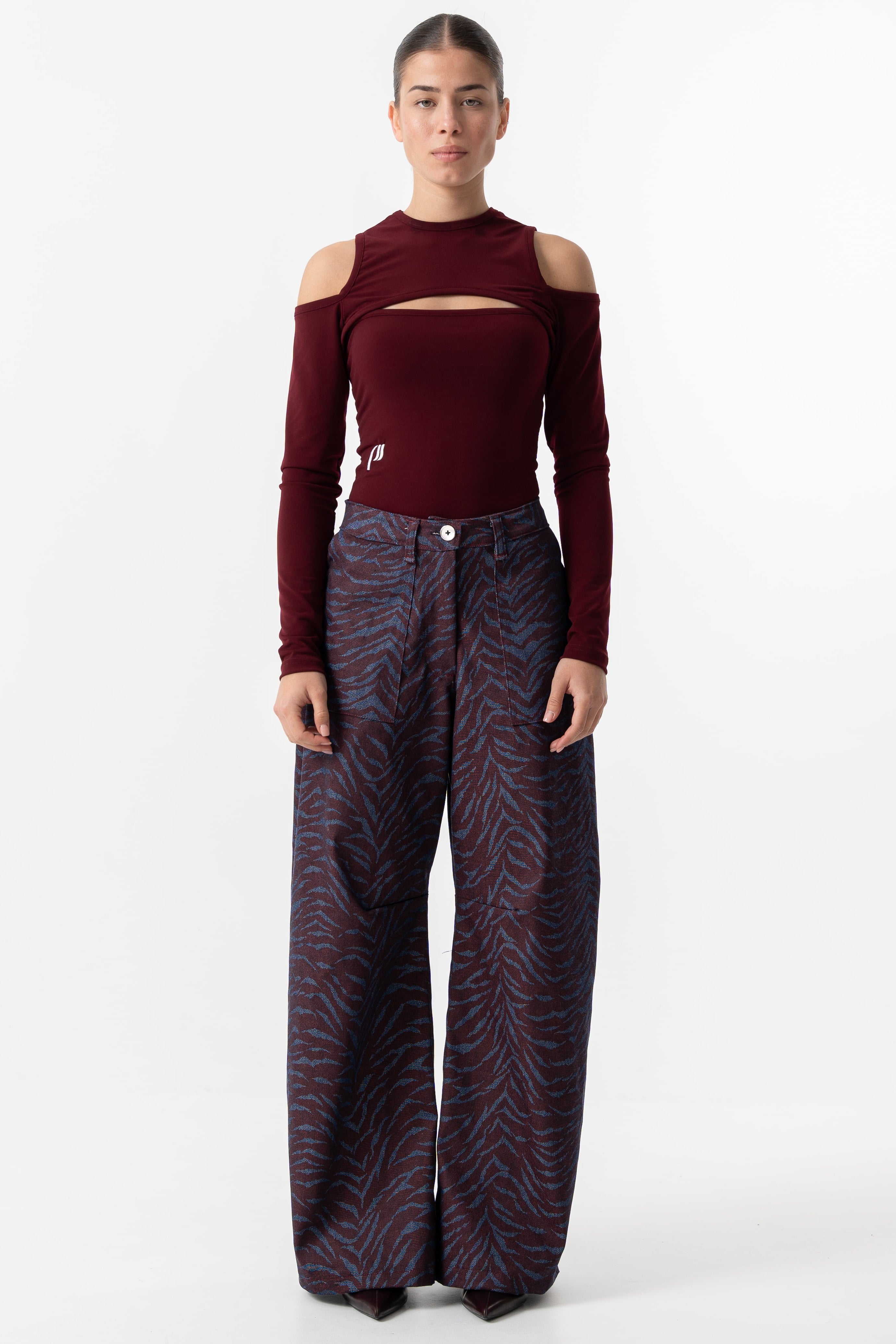 Burgundy zebra denim pants