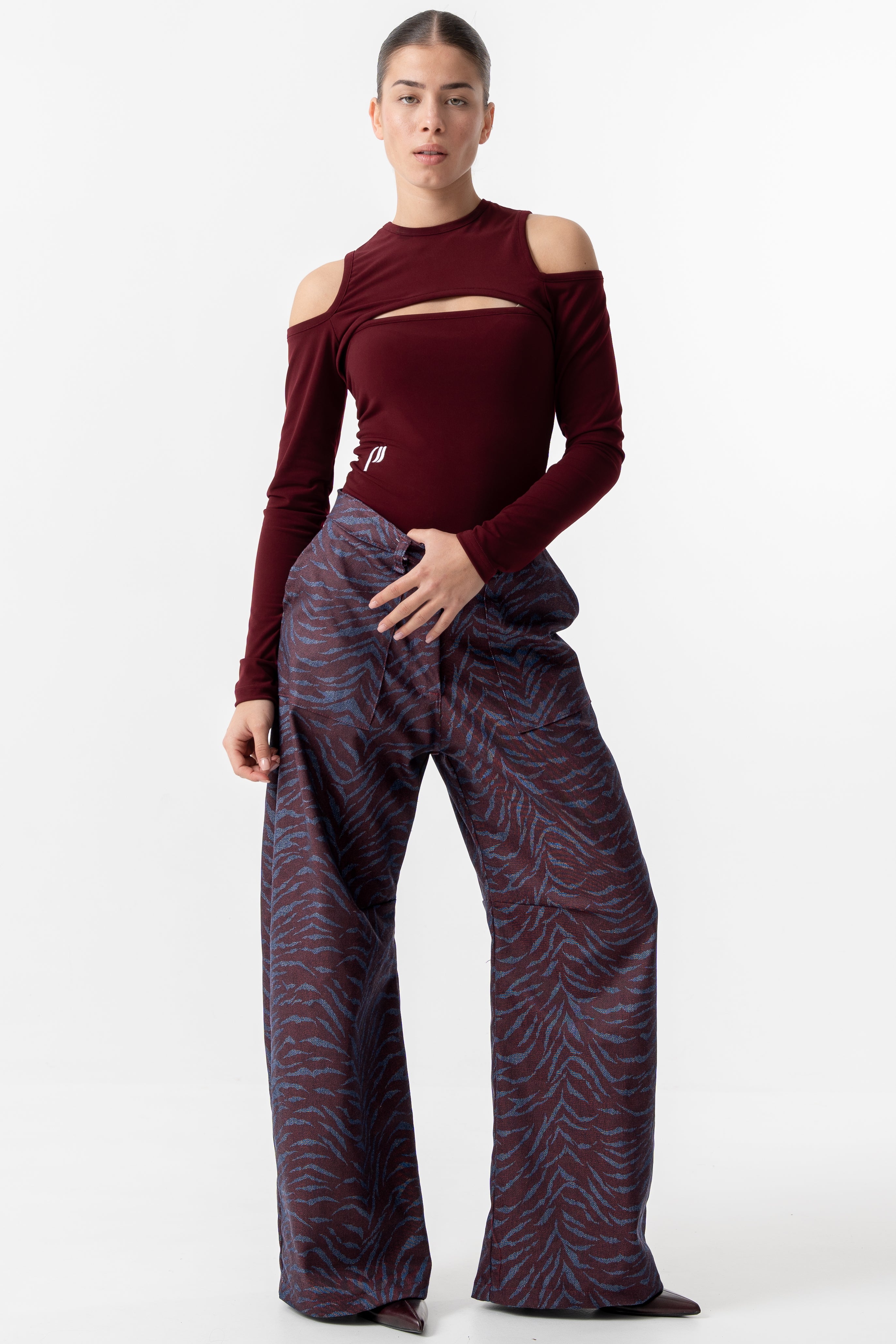 Burgundy zebra denim pants