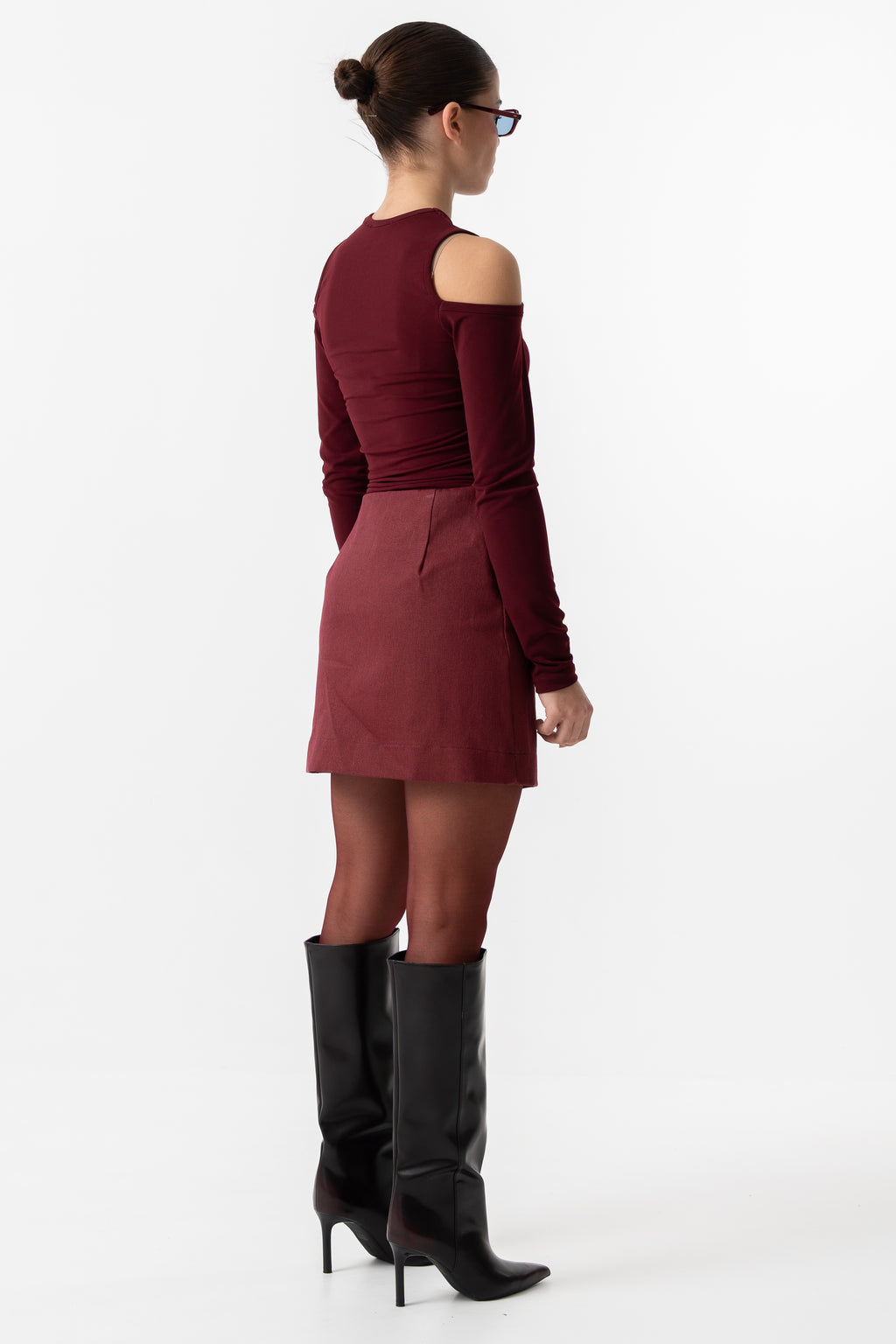 Wrap burgundy denim mini skirt
