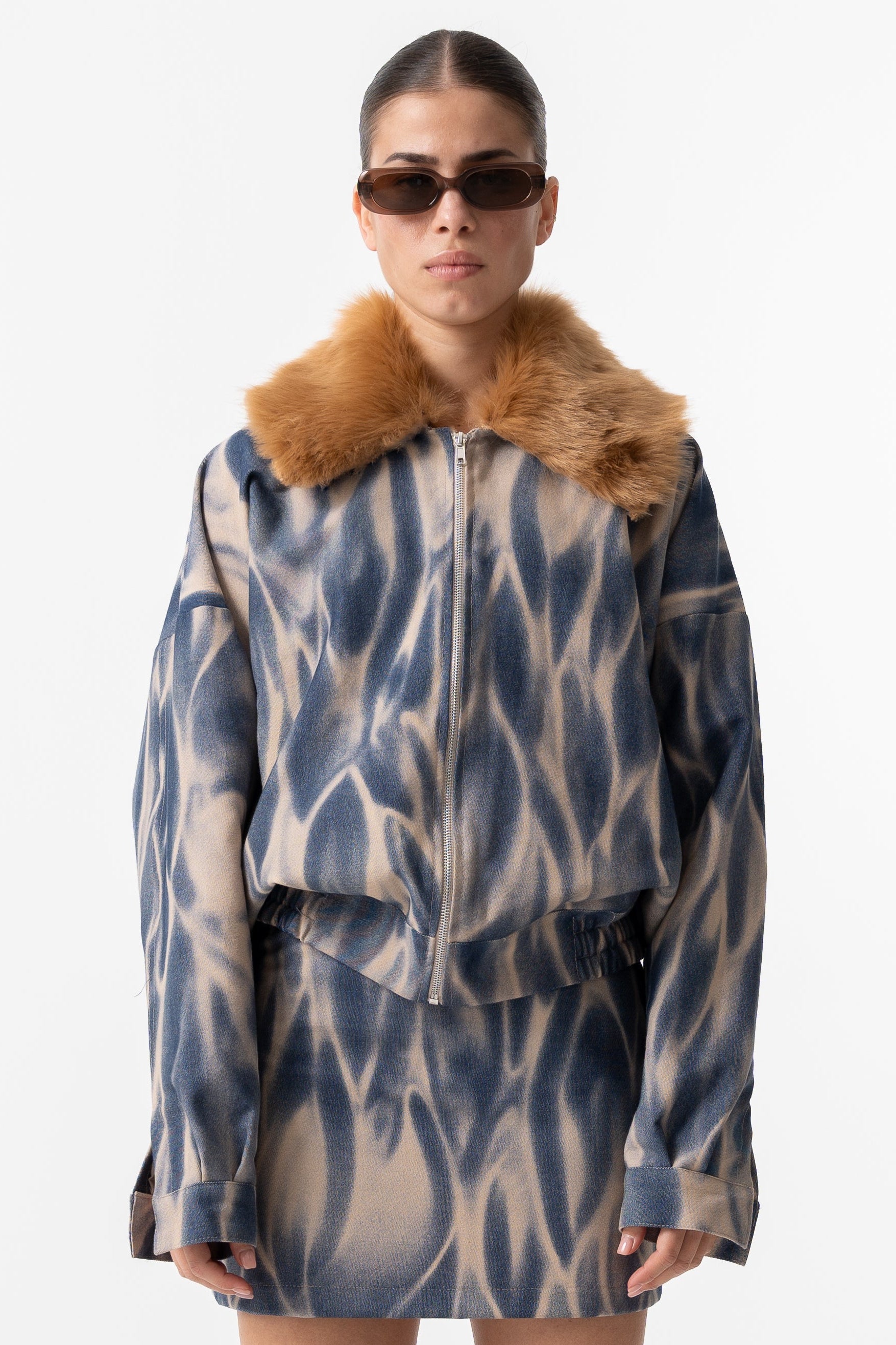 DENIM BOMBER JACKET WITH FUR