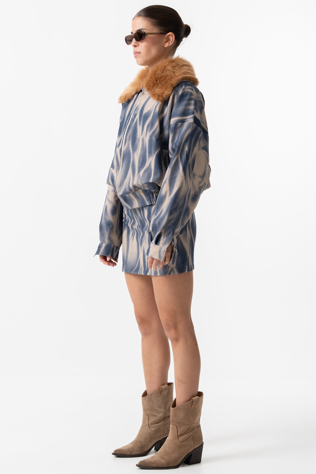 DENIM BOMBER JACKET WITH FUR