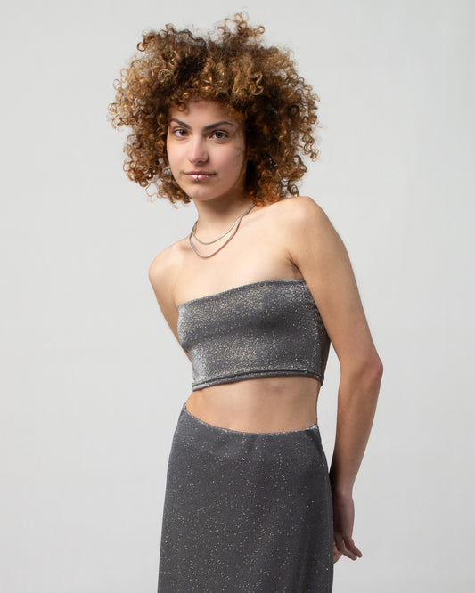 STRAPLESS TOP WITH GLITTER SILVER