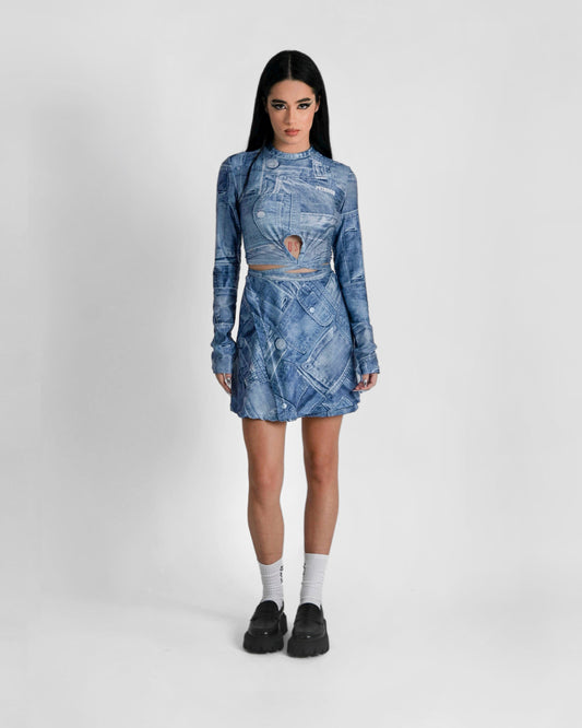 ''INDIGO'' denim print wrap mini skirt