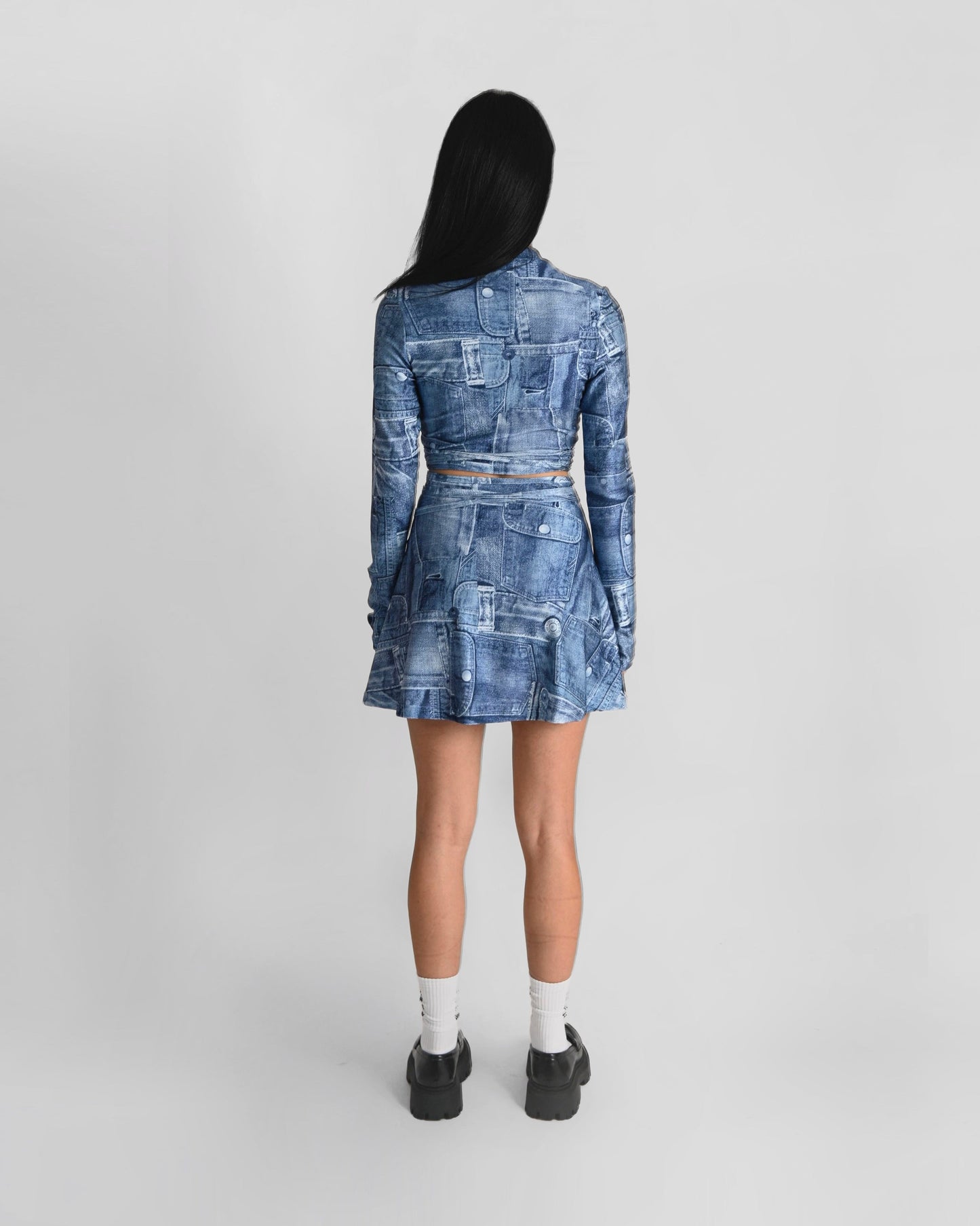 ''INDIGO'' denim print wrap mini skirt