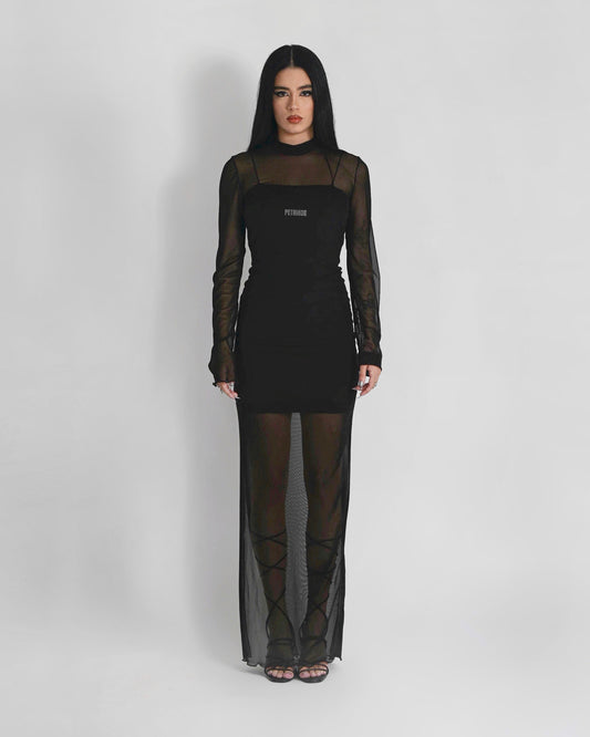 '' PERISH '' black mesh maxi dress