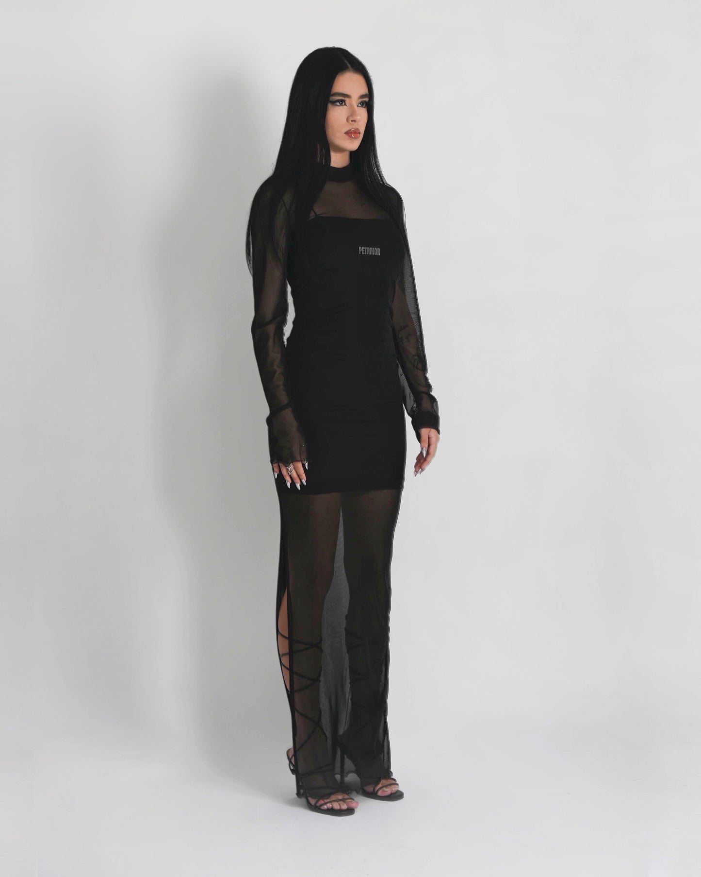 '' PERISH '' black mesh maxi dress