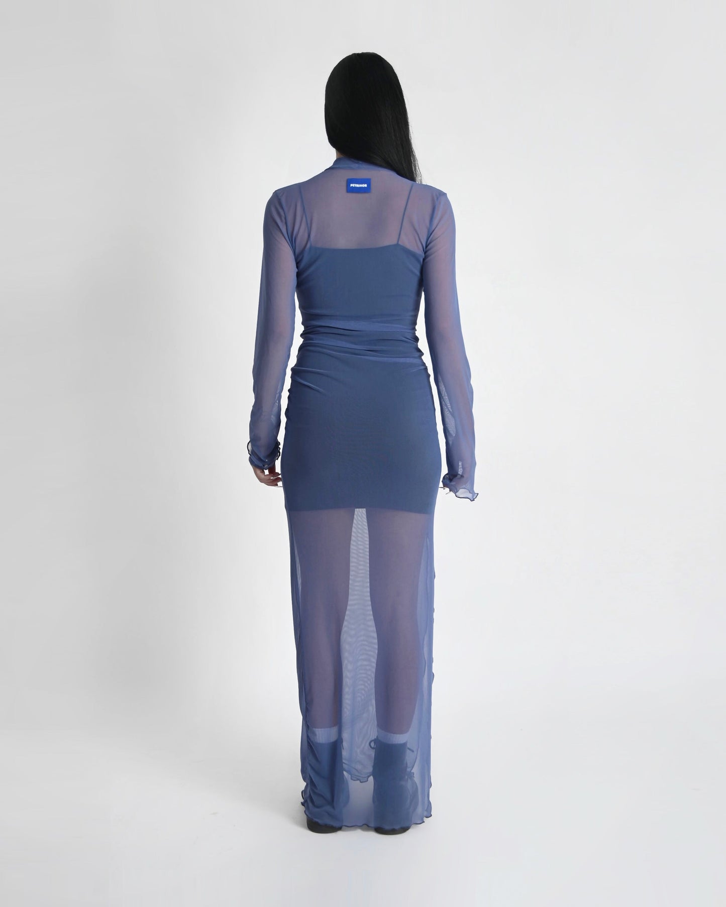 '' PERISH '' blue mesh maxi dress