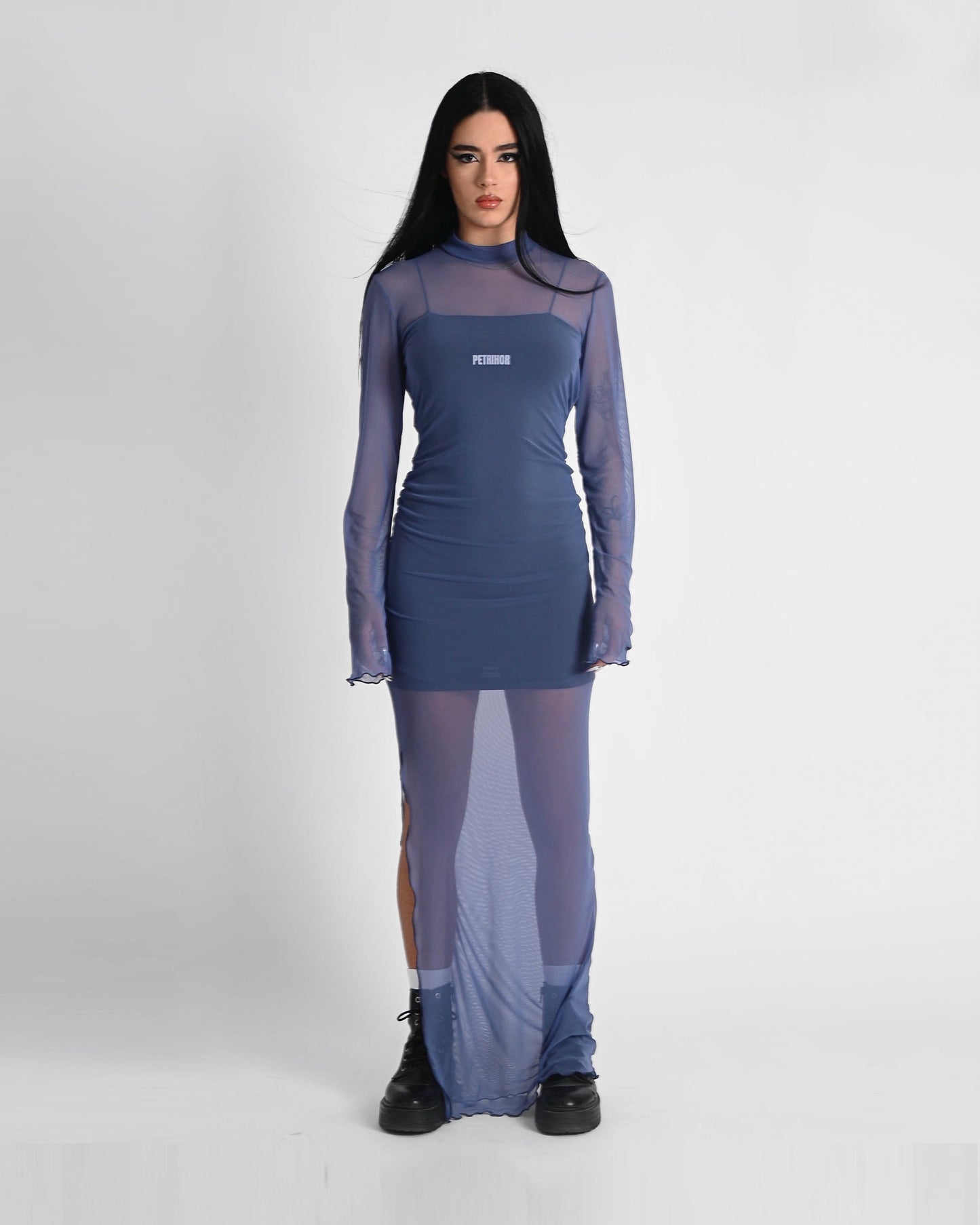 '' PERISH '' blue mesh maxi dress