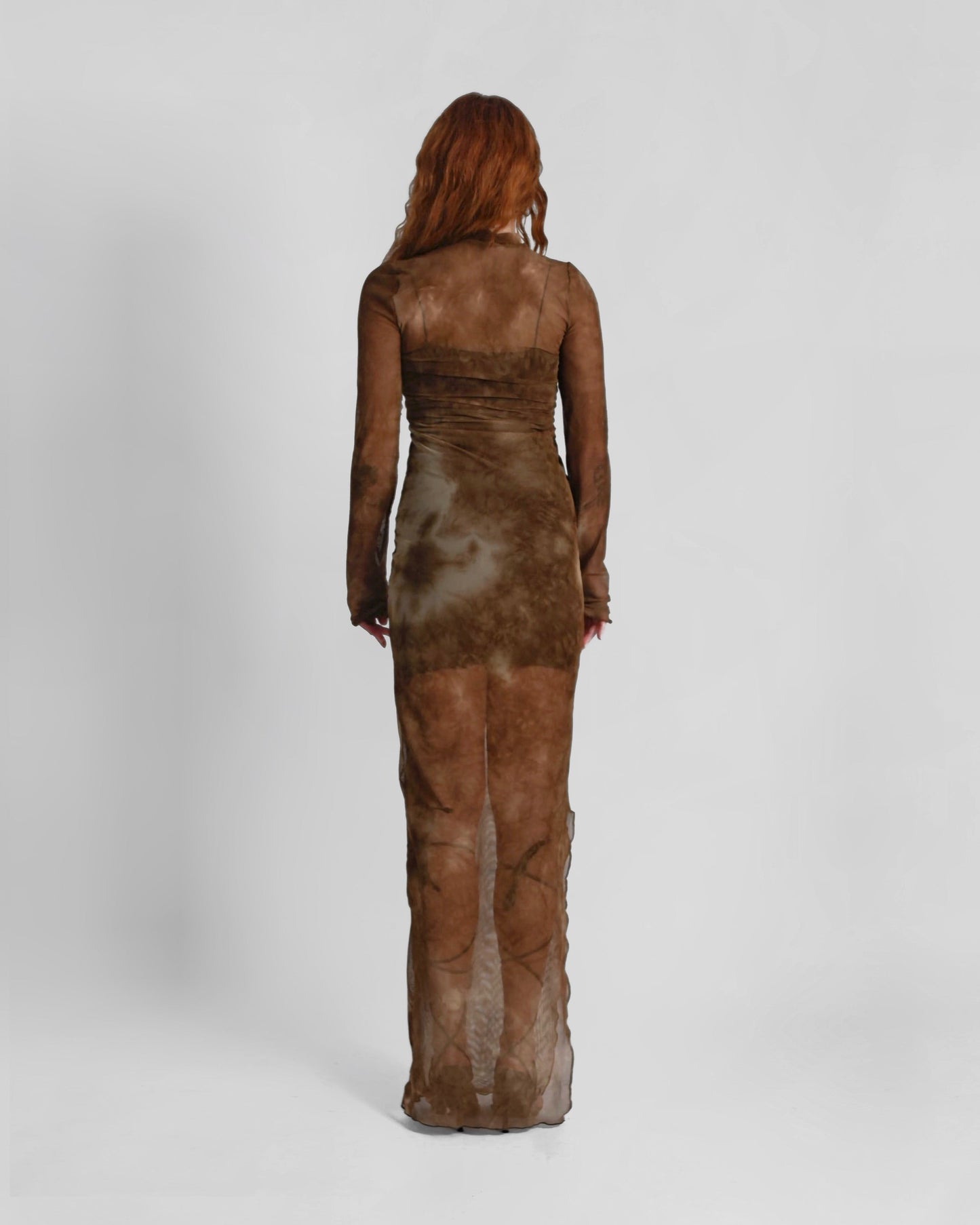 '' PERISH '' brown tie-dye mesh maxi dress  no