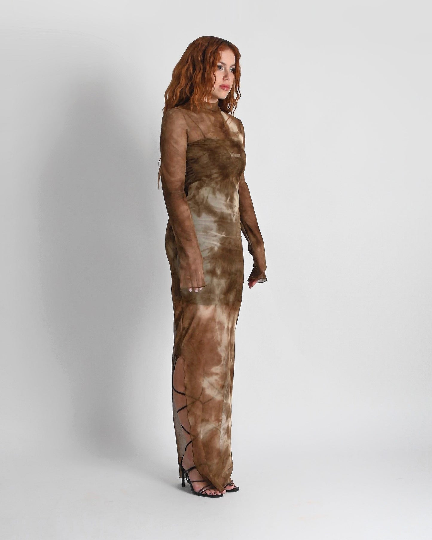 '' PERISH '' brown tie-dye mesh maxi dress  no