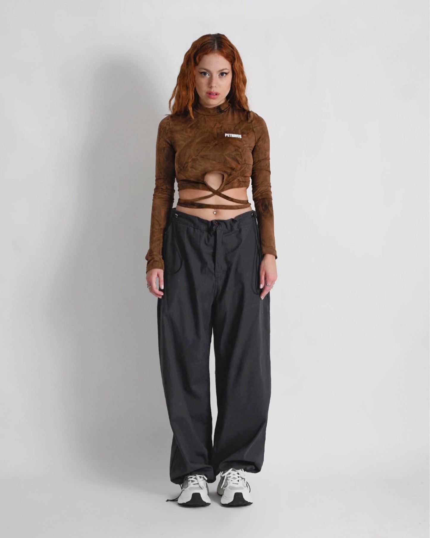 ''RUST'' brown printed lace up crop top