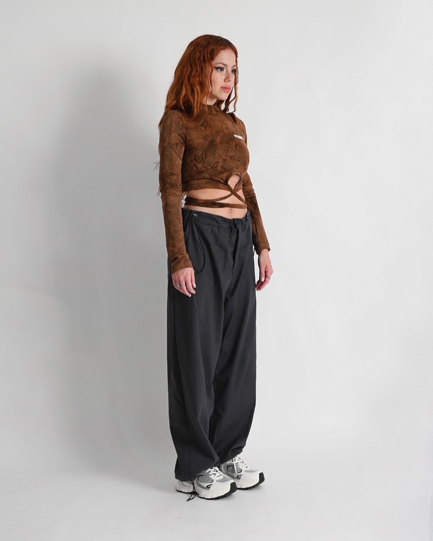 ''RUST'' brown printed lace up crop top