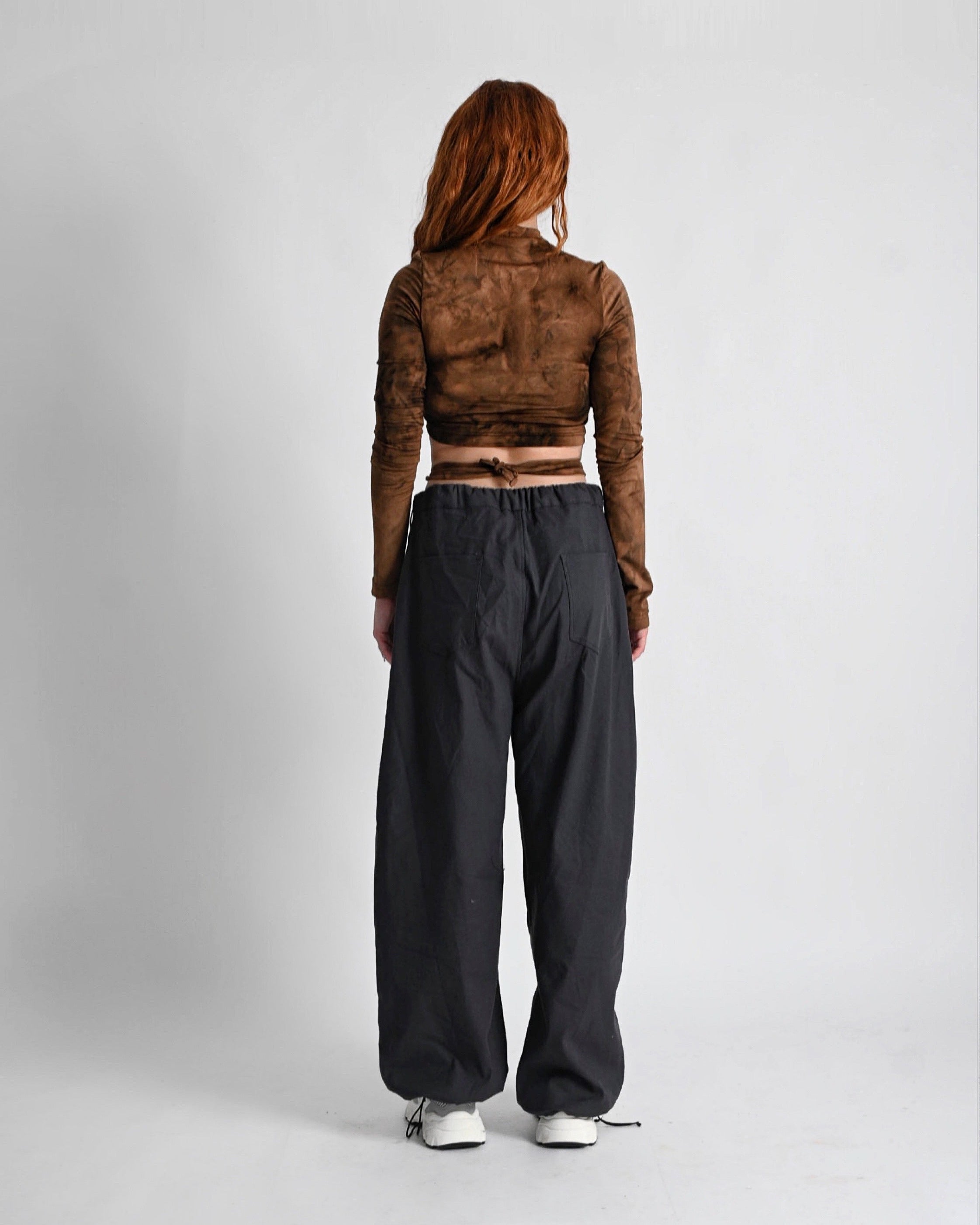''RUST'' brown printed lace up crop top