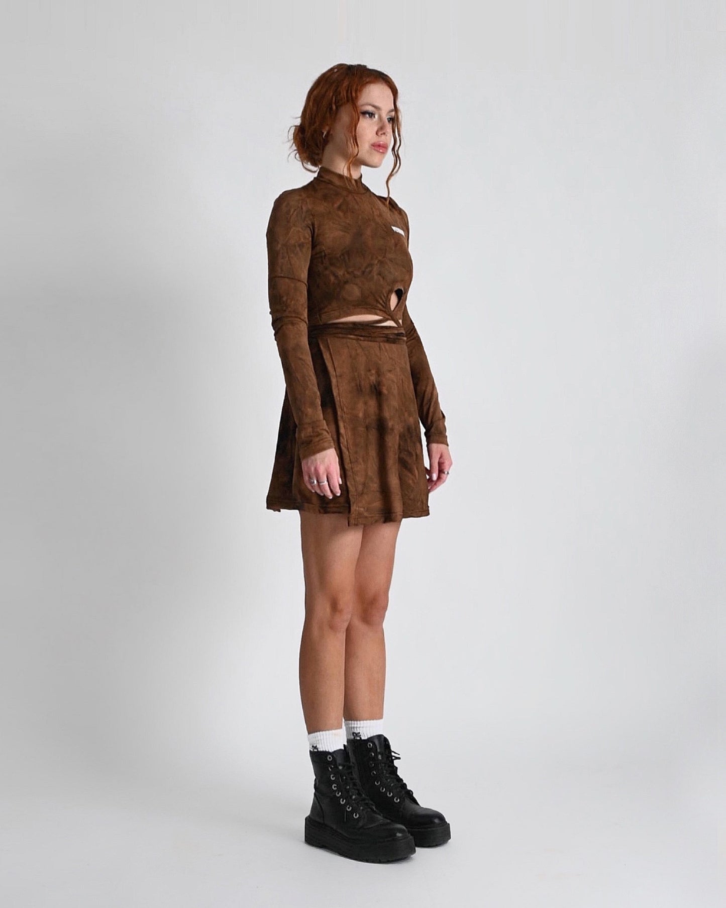 ''RUST'' brown printed wrap mini skirt