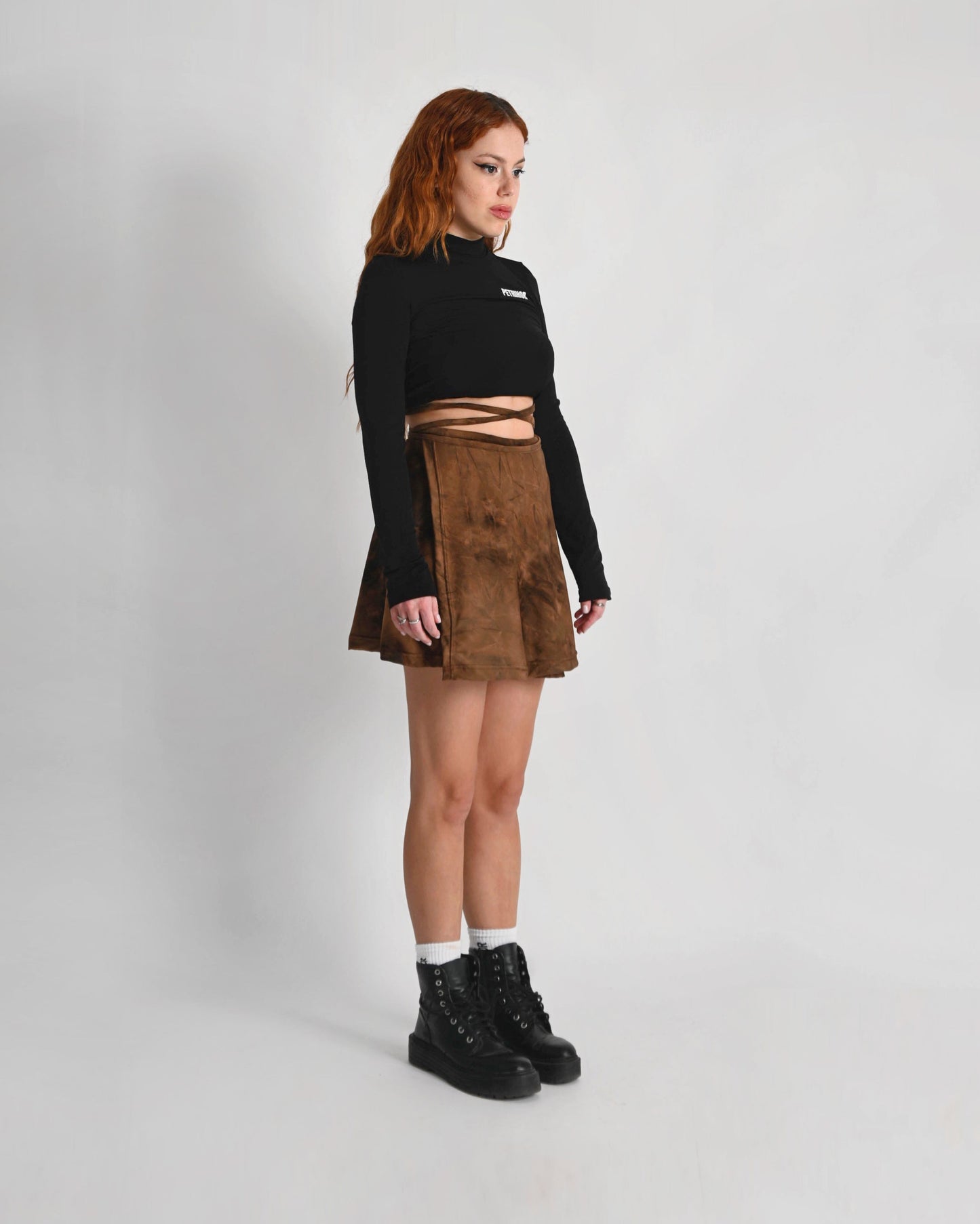 ''RUST'' brown printed wrap mini skirt