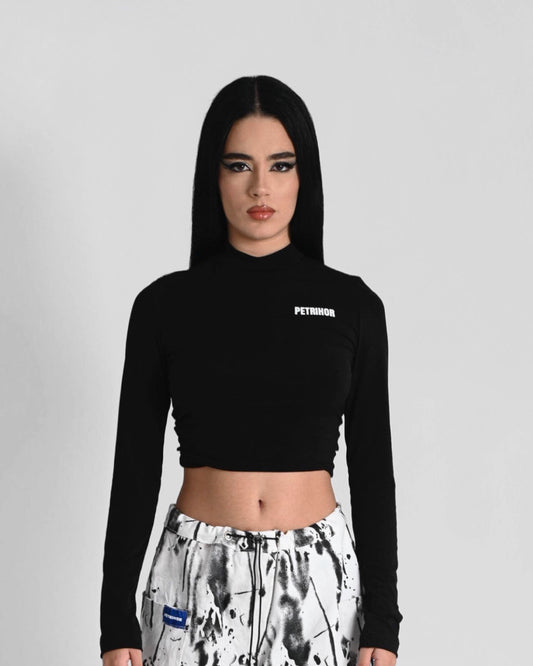 '' ROUTINE '' black long sleeve crop top