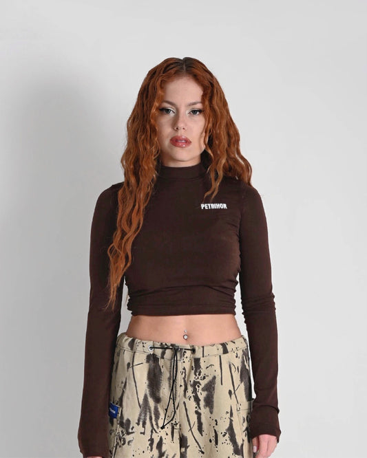 '' ROUTINE '' brown long sleeve crop top