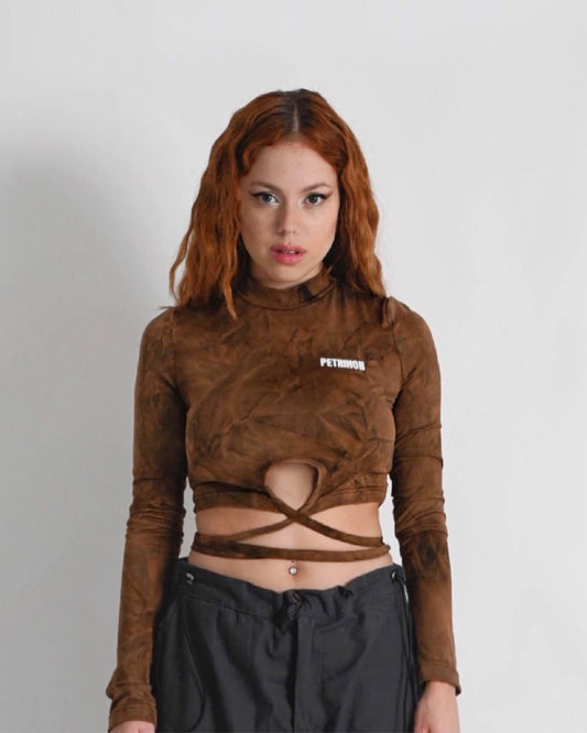 ''RUST'' brown printed lace up crop top