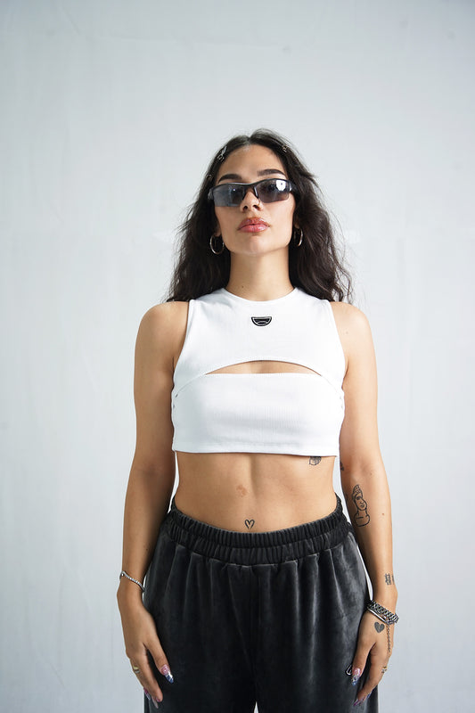 '' Shape '' white halter cut-out crop top