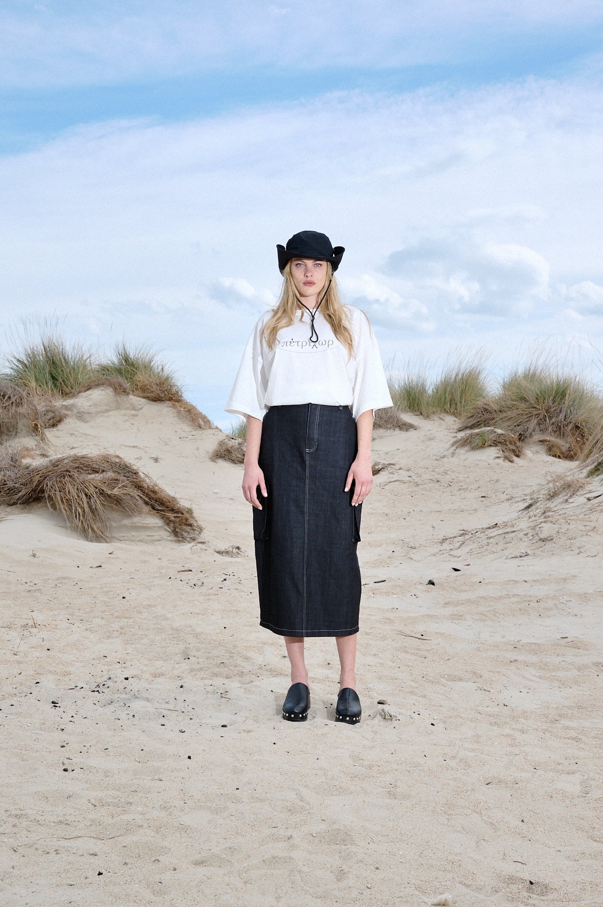 Black cargo denim maxi skirt